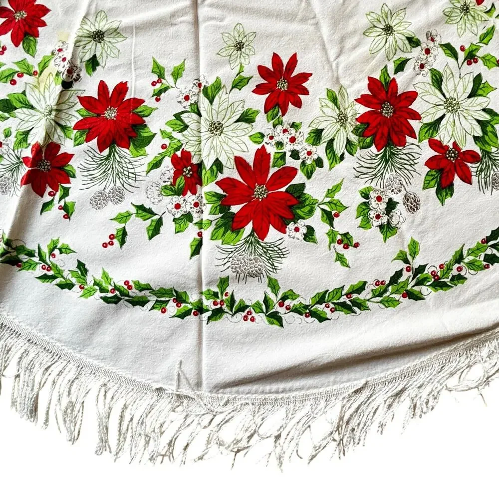 Vintage Christmas tablecloth printed cotton round soft fringe red green festive